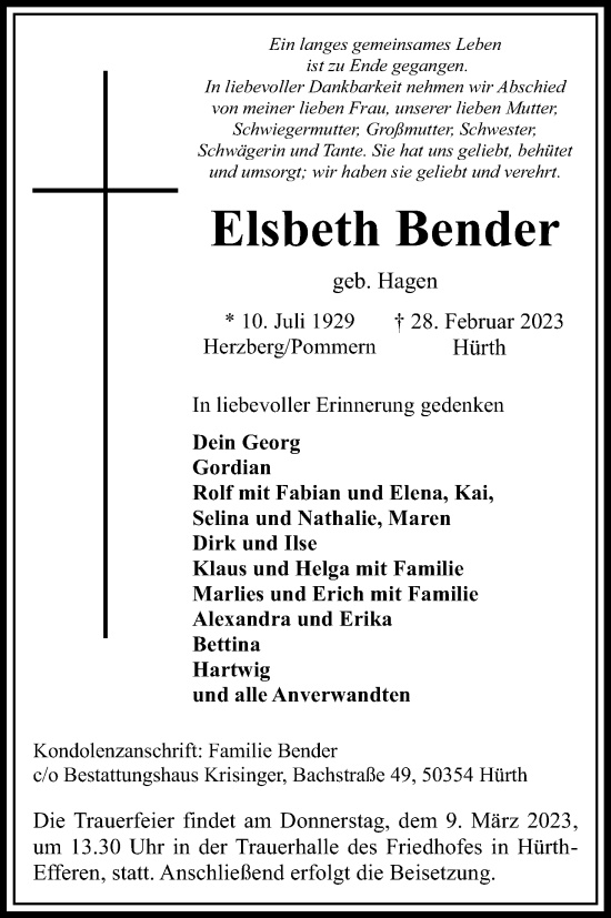 Anzeige von Elsbeth Bender von Kölner Stadt-Anzeiger / Kölnische Rundschau / Express