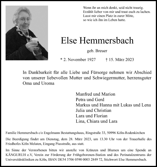 Anzeige von Else Hemmersbach von Kölner Stadt-Anzeiger / Kölnische Rundschau / Express