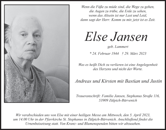 Anzeige von Else Jansen von  Blickpunkt Euskirchen 