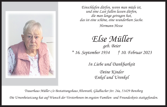 Anzeige von Else Müller von Kölner Stadt-Anzeiger / Kölnische Rundschau / Express