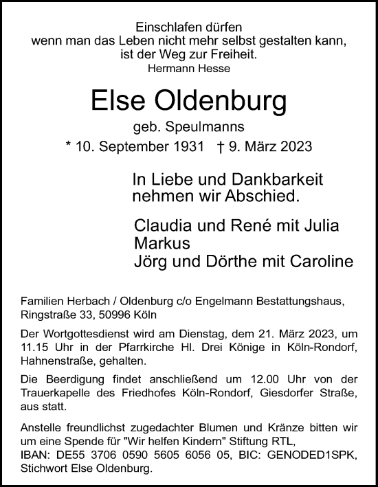 Anzeige von Else Oldenburg von Kölner Stadt-Anzeiger / Kölnische Rundschau / Express