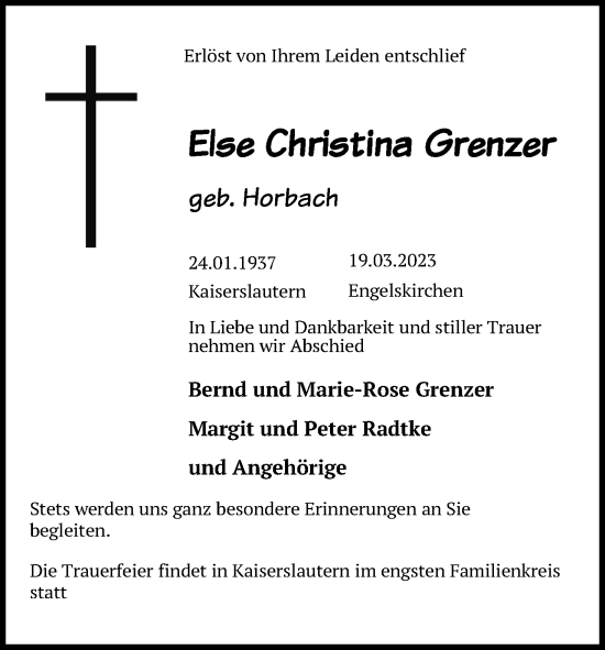 Anzeige von Else Christina Grenzer von Kölner Stadt-Anzeiger / Kölnische Rundschau / Express