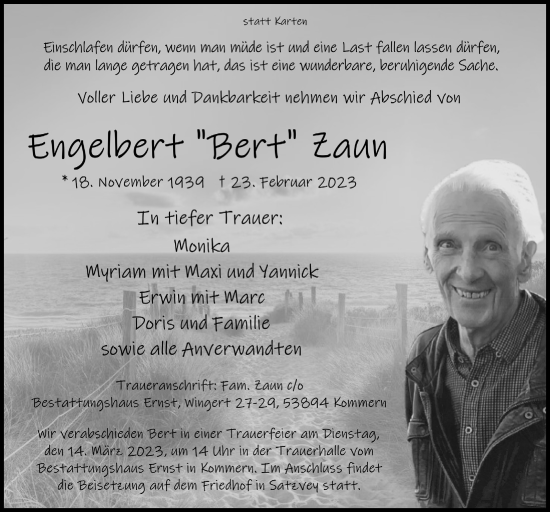 Anzeige von Engelbert Zaun von  Blickpunkt Euskirchen 