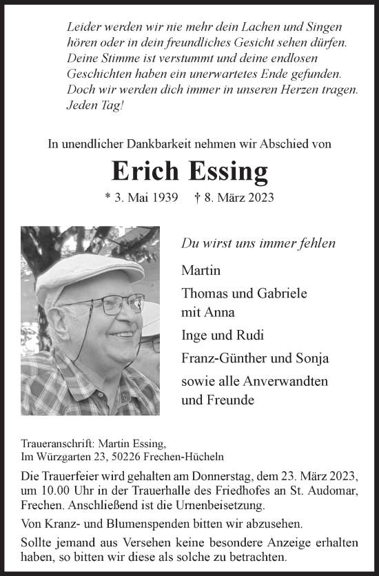 Anzeige von Erich Essing von  Wochenende 