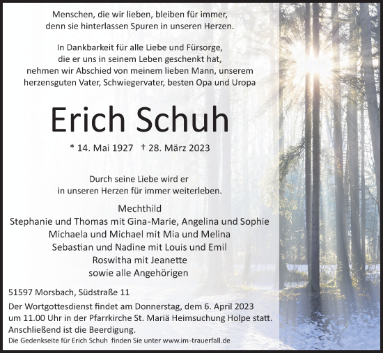 Anzeige von Erich Schuh von Kölner Stadt-Anzeiger / Kölnische Rundschau / Express