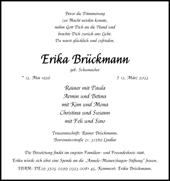 Anzeige von Erika Brückmann von Kölner Stadt-Anzeiger / Kölnische Rundschau / Express