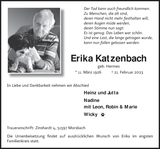 Anzeige von Erika Katzenbach von  Lokalanzeiger 