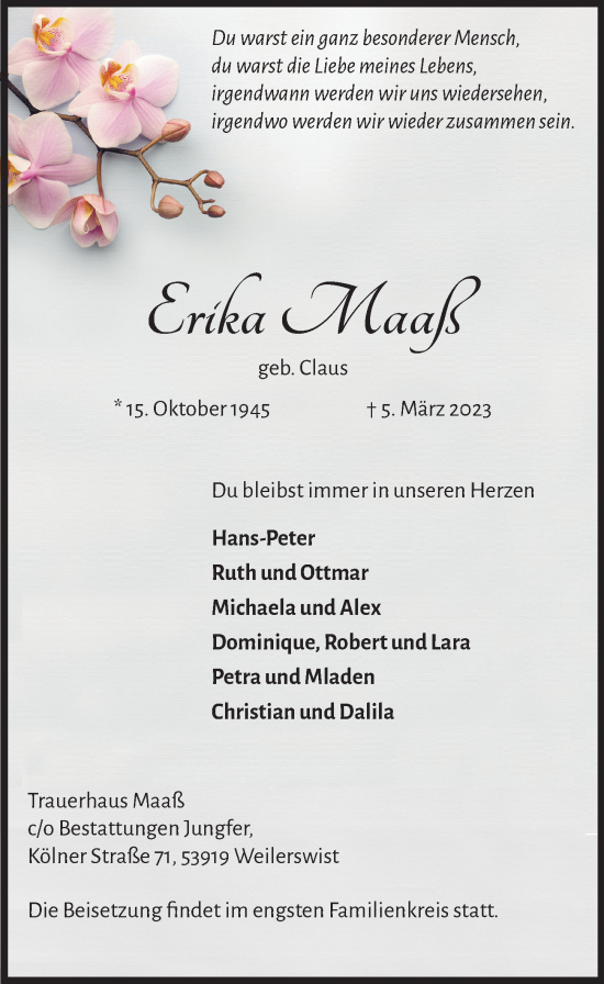 Anzeige von Erika Maaß von  Blickpunkt Euskirchen 
