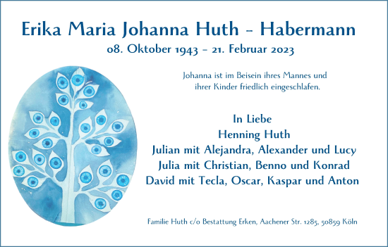 Anzeige von Erika Maria Johanna Huth-Habermann von Kölner Stadt-Anzeiger / Kölnische Rundschau / Express