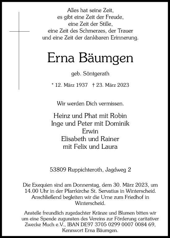 Anzeige von Erna Bäumgen von Kölner Stadt-Anzeiger / Kölnische Rundschau / Express