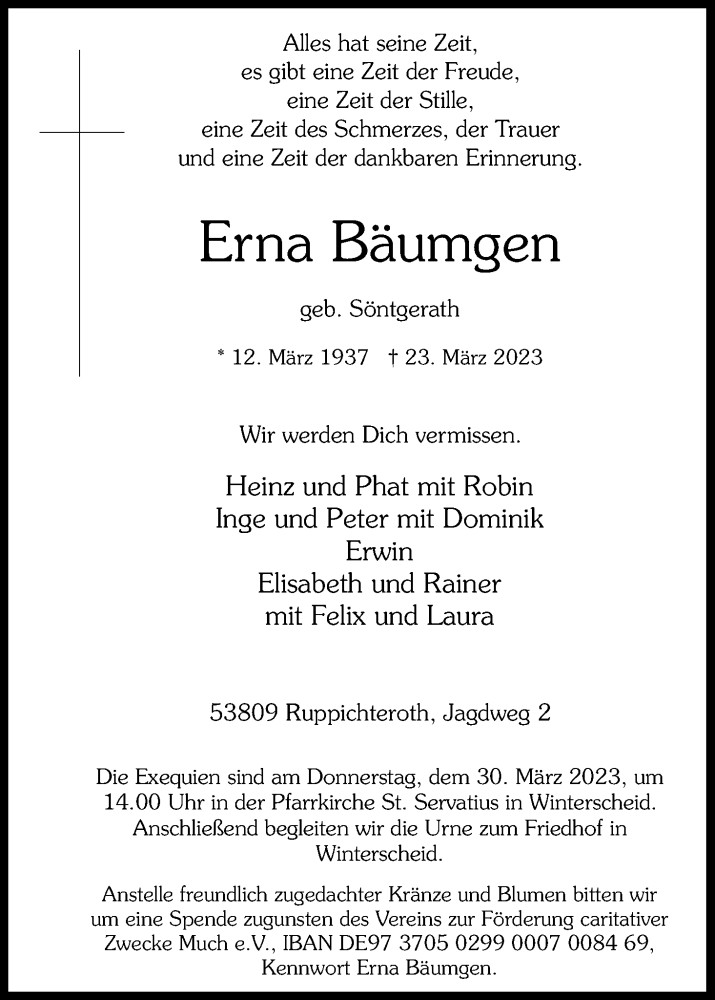  Traueranzeige für Erna Bäumgen vom 25.03.2023 aus Kölner Stadt-Anzeiger / Kölnische Rundschau / Express