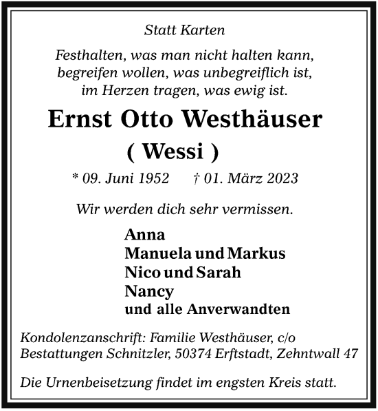 Anzeige von Ernst Otto Westhäuser von  Werbepost 