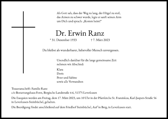 Anzeige von Erwin Ranz von Kölner Stadt-Anzeiger / Kölnische Rundschau / Express