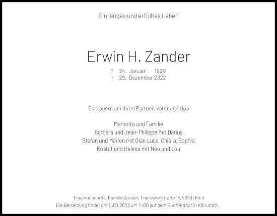 Anzeige von Erwin H. Zander von Kölner Stadt-Anzeiger / Kölnische Rundschau / Express