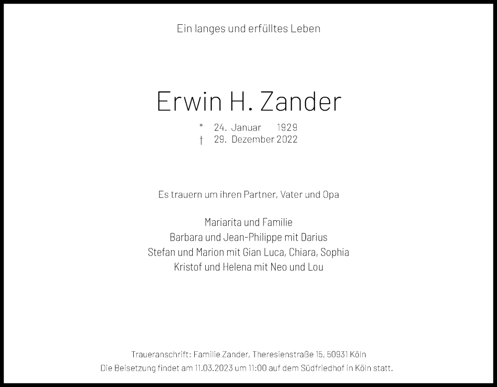  Traueranzeige für Erwin H. Zander vom 04.03.2023 aus Kölner Stadt-Anzeiger / Kölnische Rundschau / Express