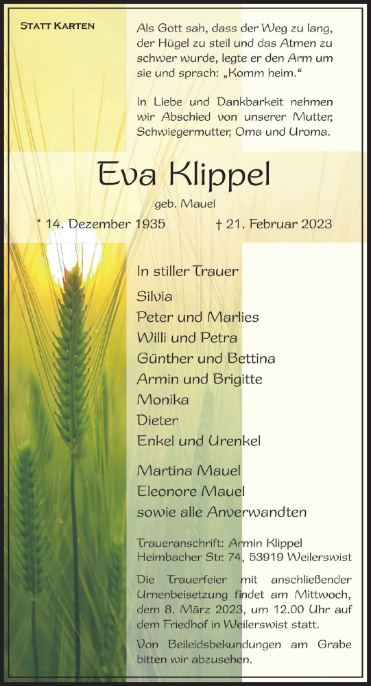 Anzeige von Eva Klippel von  Blickpunkt Euskirchen 