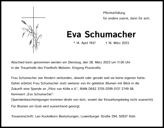 Anzeige von Eva Schumacher von Kölner Stadt-Anzeiger / Kölnische Rundschau / Express