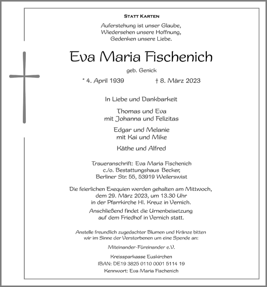 Anzeige von Eva Maria Fischenich von  Blickpunkt Euskirchen 