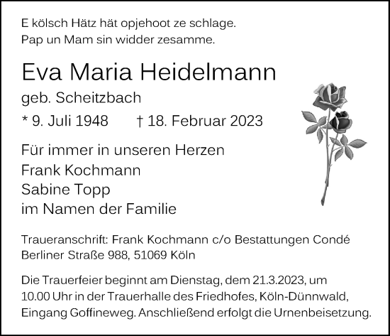 Anzeige von Eva Maria Heidelmann von Kölner Stadt-Anzeiger / Kölnische Rundschau / Express