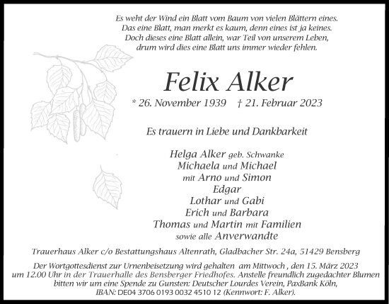 Anzeige von Felix Alker von Kölner Stadt-Anzeiger / Kölnische Rundschau / Express