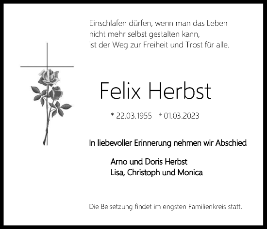 Anzeige von Felix Herbst von Kölner Stadt-Anzeiger / Kölnische Rundschau / Express