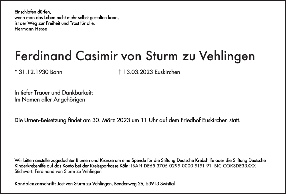  Traueranzeige für Ferdinand Casimir von Sturm zu Vehlingen vom 18.03.2023 aus  Blickpunkt Euskirchen 