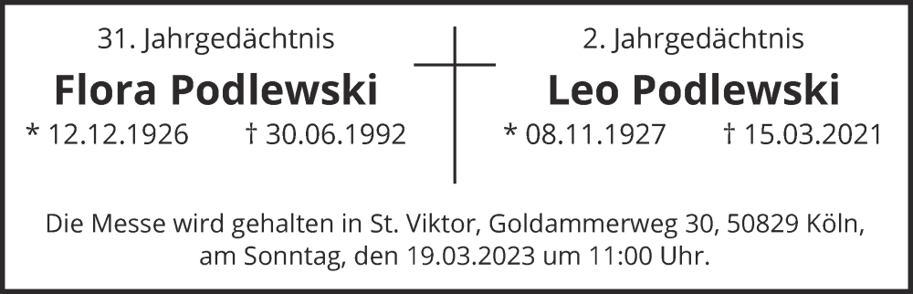 Traueranzeige für Flora Podlewski vom 10.03.2023 aus  EXPRESS - Die Woche 