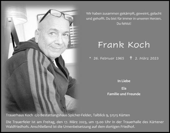 Anzeige von Frank Koch von Kölner Stadt-Anzeiger / Kölnische Rundschau / Express