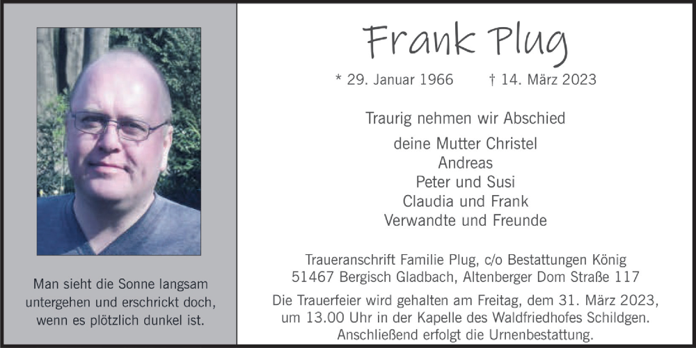  Traueranzeige für Frank Plug vom 24.03.2023 aus  Bergisches Handelsblatt 