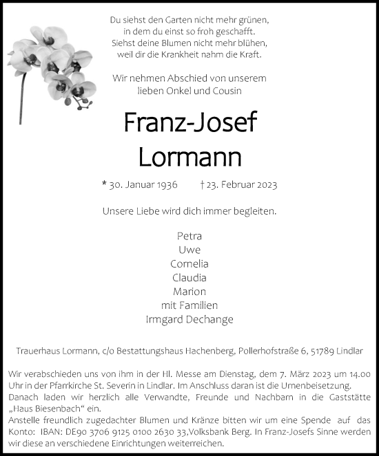 Anzeige von Franz-Josef Lormann von Kölner Stadt-Anzeiger / Kölnische Rundschau / Express