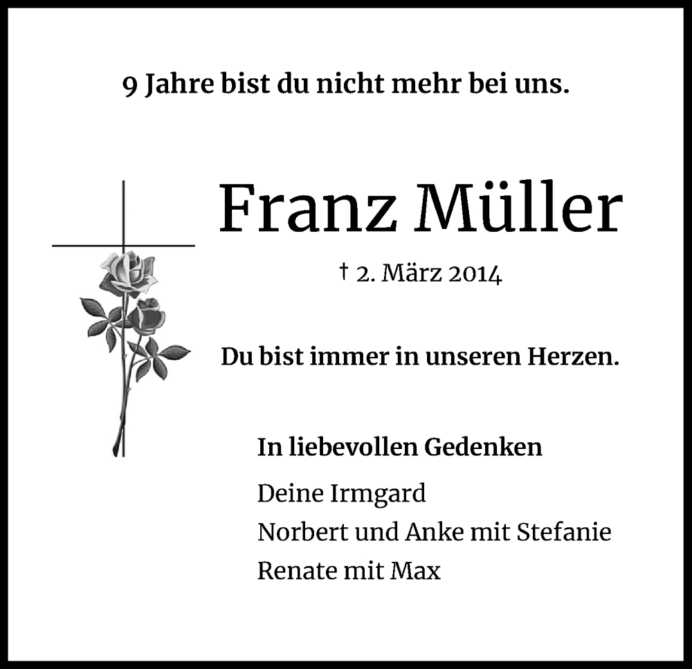  Traueranzeige für Franz Müller vom 18.07.2023 aus Kölner Stadt-Anzeiger / Kölnische Rundschau / Express