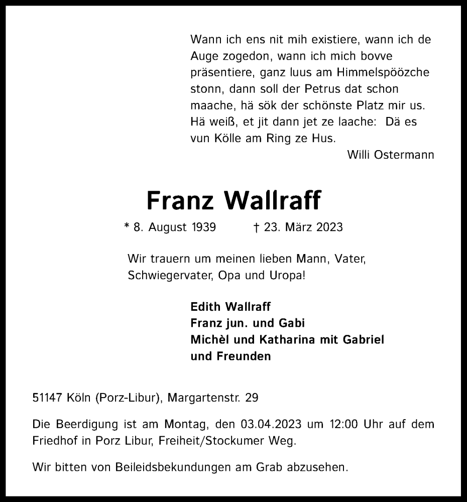  Traueranzeige für Franz Wallraff vom 30.03.2023 aus Kölner Stadt-Anzeiger / Kölnische Rundschau / Express