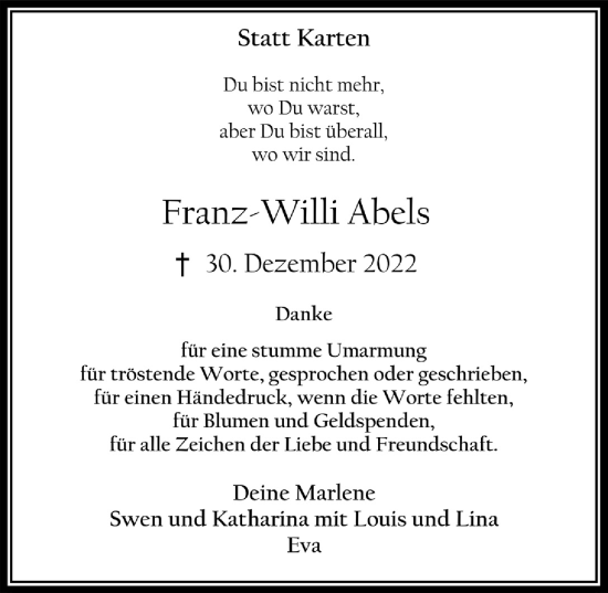 Anzeige von Franz-Willi Abels von  Werbepost 