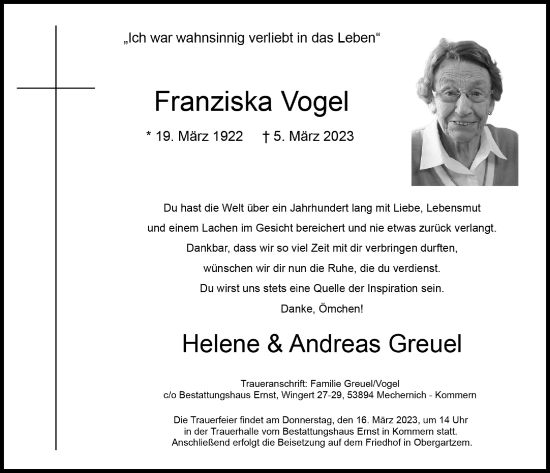 Anzeige von Franziska Vogel von  Blickpunkt Euskirchen 