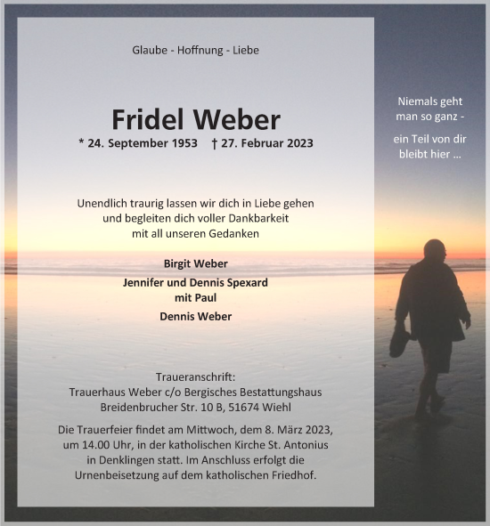 Anzeige von Fridel Weber von  Lokalanzeiger 