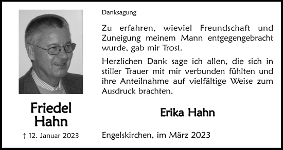 Anzeige von Friedel Hahn von Kölner Stadt-Anzeiger / Kölnische Rundschau / Express