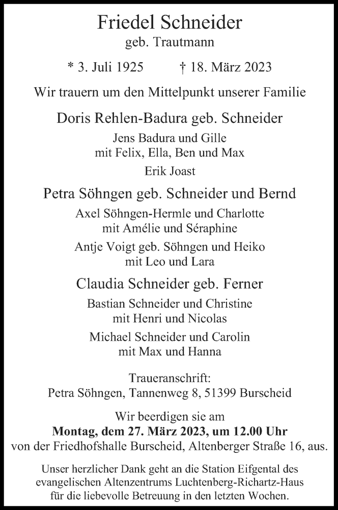  Traueranzeige für Friedel Schneider vom 23.03.2023 aus Kölner Stadt-Anzeiger / Kölnische Rundschau / Express