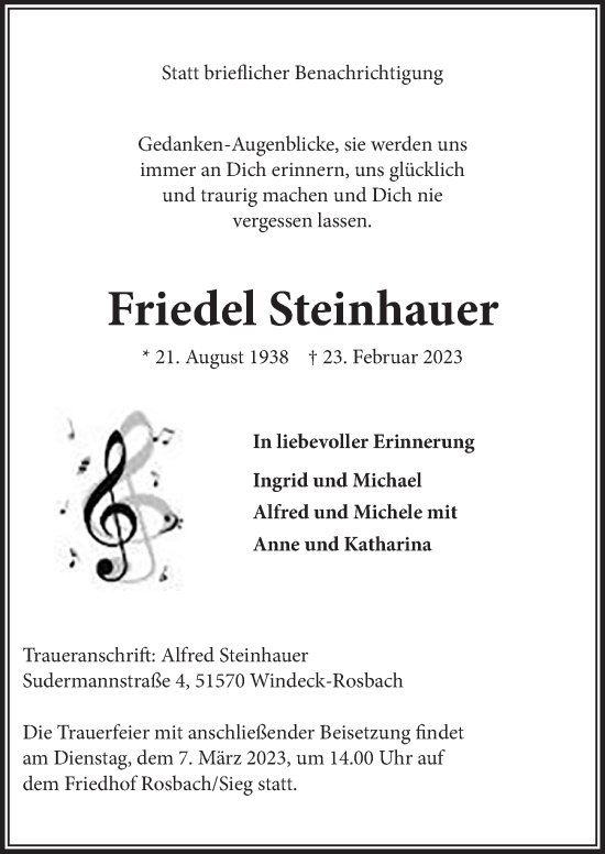 Anzeige von Friedel Steinhauer von  Lokalanzeiger 