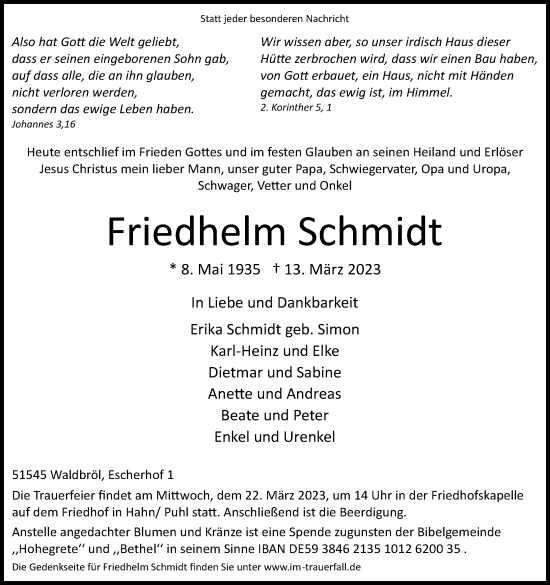 Anzeige von Friedhelm Schmidt von Kölner Stadt-Anzeiger / Kölnische Rundschau / Express
