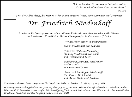 Anzeige von Friedrich Niedenhoff von Kölner Stadt-Anzeiger / Kölnische Rundschau / Express