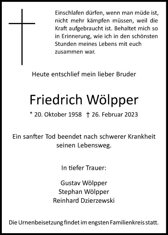 Anzeige von Friedrich Wölpper von Kölner Stadt-Anzeiger / Kölnische Rundschau / Express