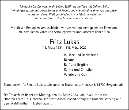Anzeige von Fritz Lukas von Kölner Stadt-Anzeiger / Kölnische Rundschau / Express
