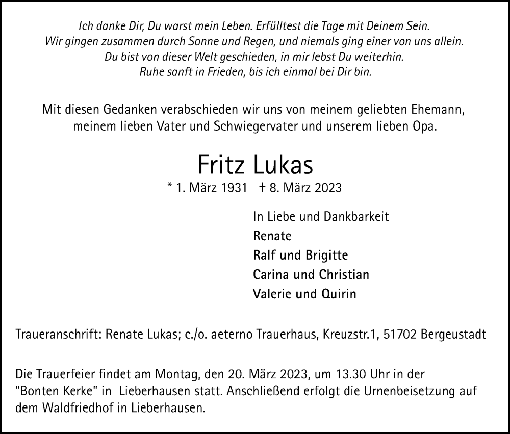  Traueranzeige für Fritz Lukas vom 11.03.2023 aus Kölner Stadt-Anzeiger / Kölnische Rundschau / Express