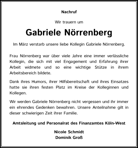 Anzeige von Gabriele Nörrenberg von Kölner Stadt-Anzeiger / Kölnische Rundschau / Express