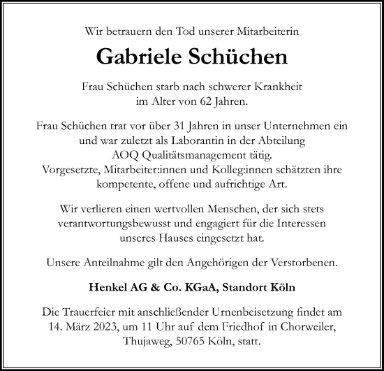 Anzeige von Gabriele Schüchen von Kölner Stadt-Anzeiger / Kölnische Rundschau / Express