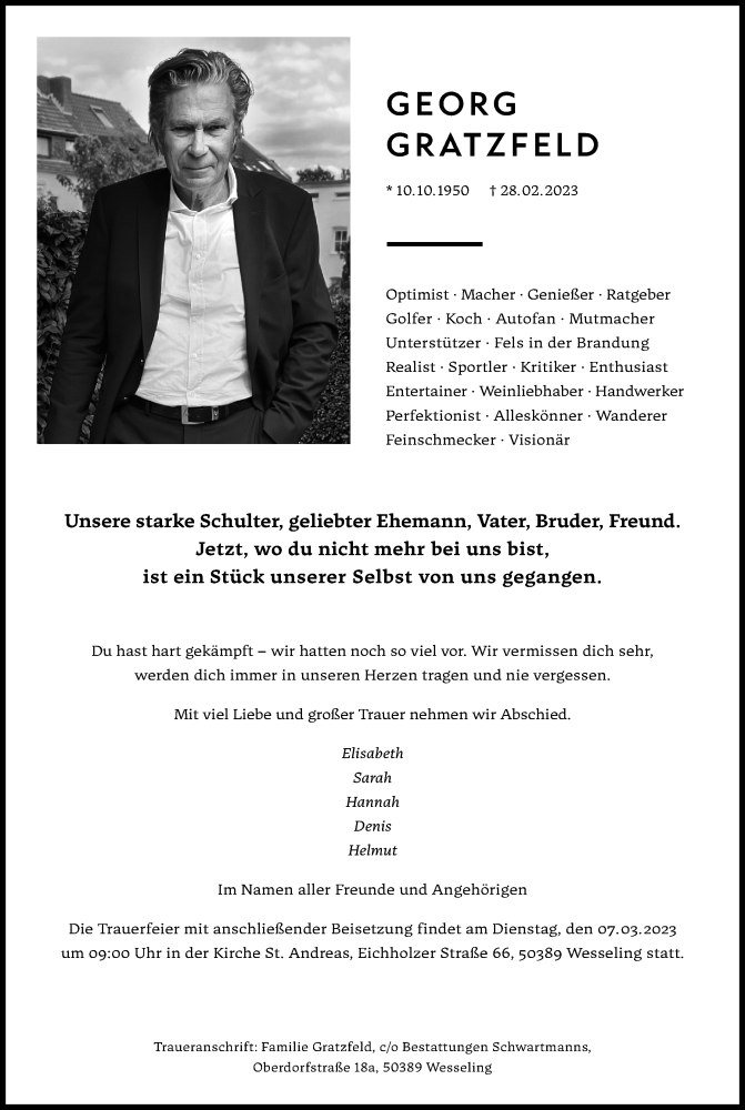  Traueranzeige für Georg Gratzfeld vom 04.03.2023 aus Kölner Stadt-Anzeiger / Kölnische Rundschau / Express