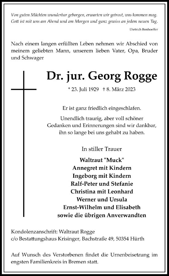 Anzeige von Georg Rogge von  Wochenende 