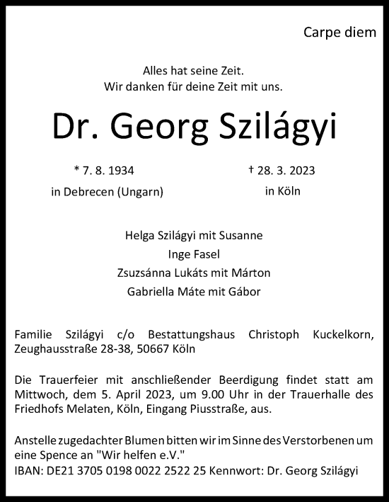 Anzeige von Georg Szilagyi von Kölner Stadt-Anzeiger / Kölnische Rundschau / Express