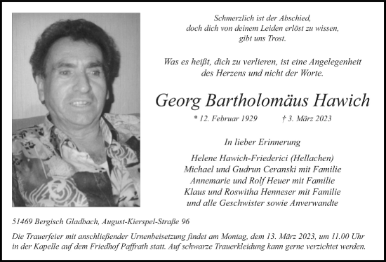 Anzeige von Georg Bartholomäus Hawich von  Bergisches Handelsblatt 