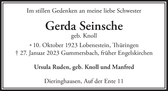 Anzeige von Gerda Seinsche von  Anzeigen Echo 